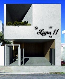 Stylish street name and number with three swallows