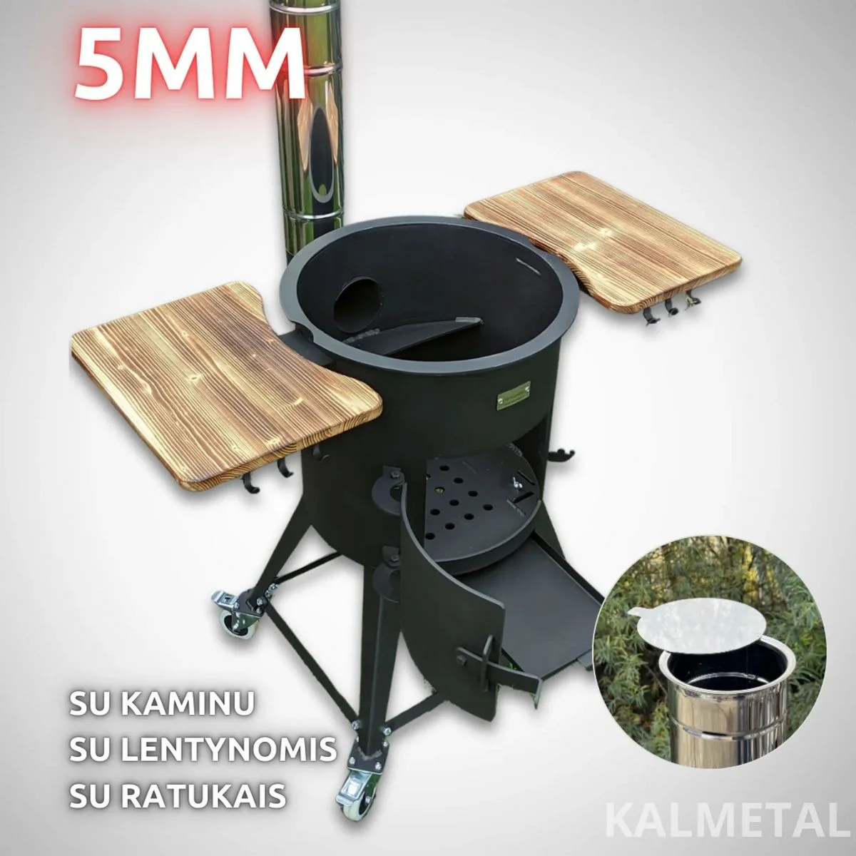 PREMIUM nuo 8L iki 22L 5MM krosnelė su kaminu, su lentynomis, ratukais